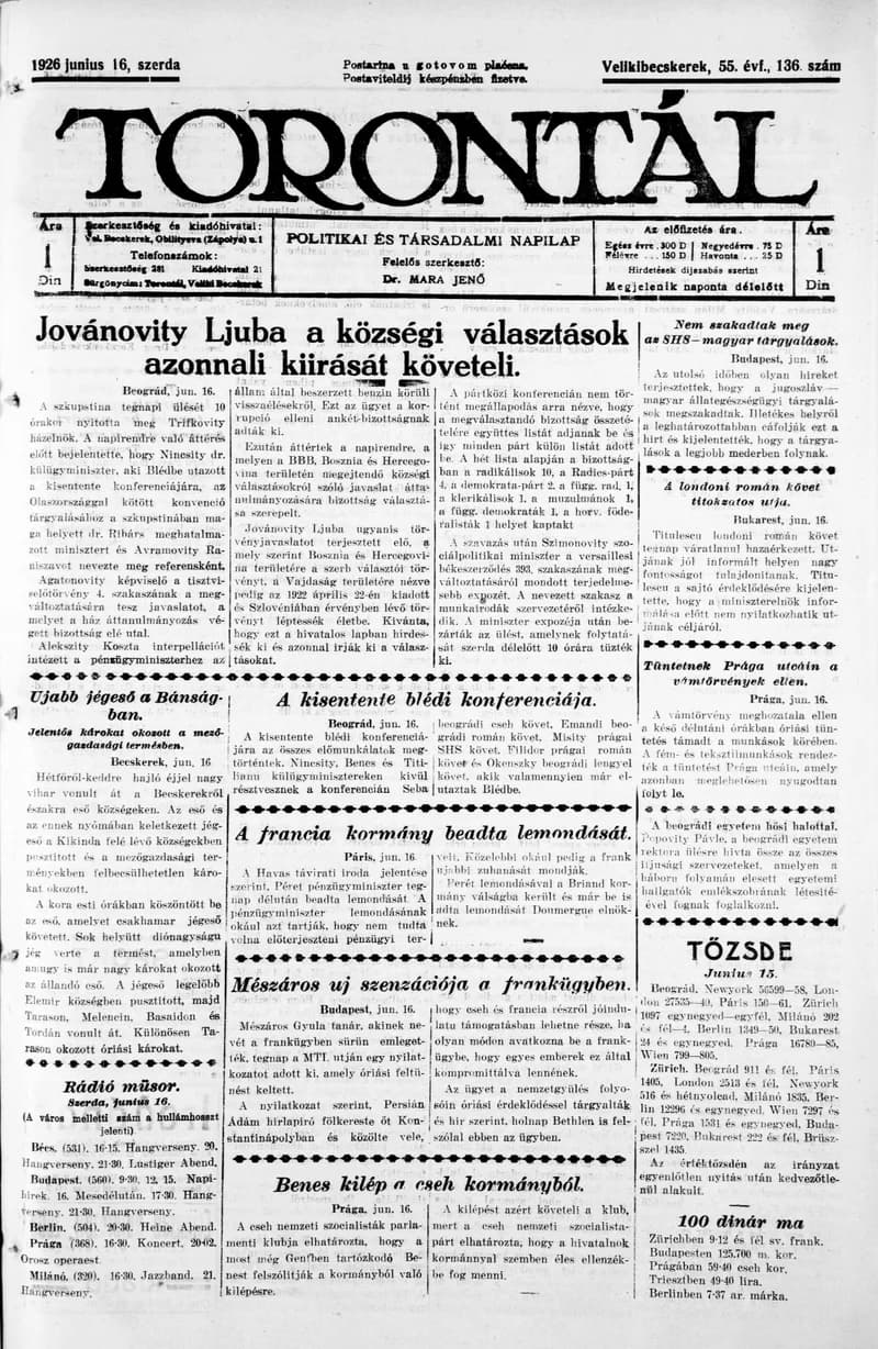 Torontál, 55. évf. 1926. június 16. 136. sz.