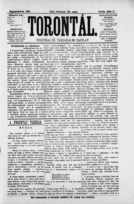 Torontál, 21. évf. 1892. július 13. 139. sz.