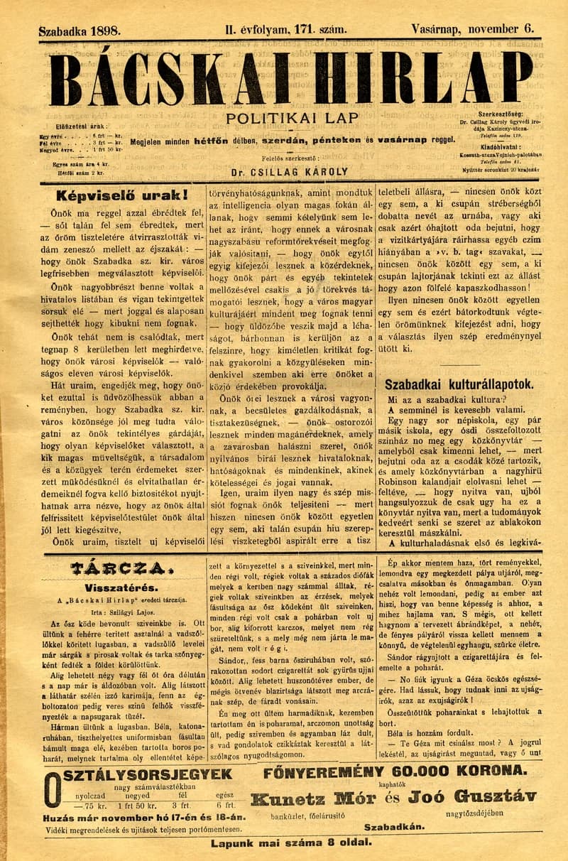 Bácskai Hirlap, 2. évf. 1898. november 6. 171. sz. 1–8. oldal