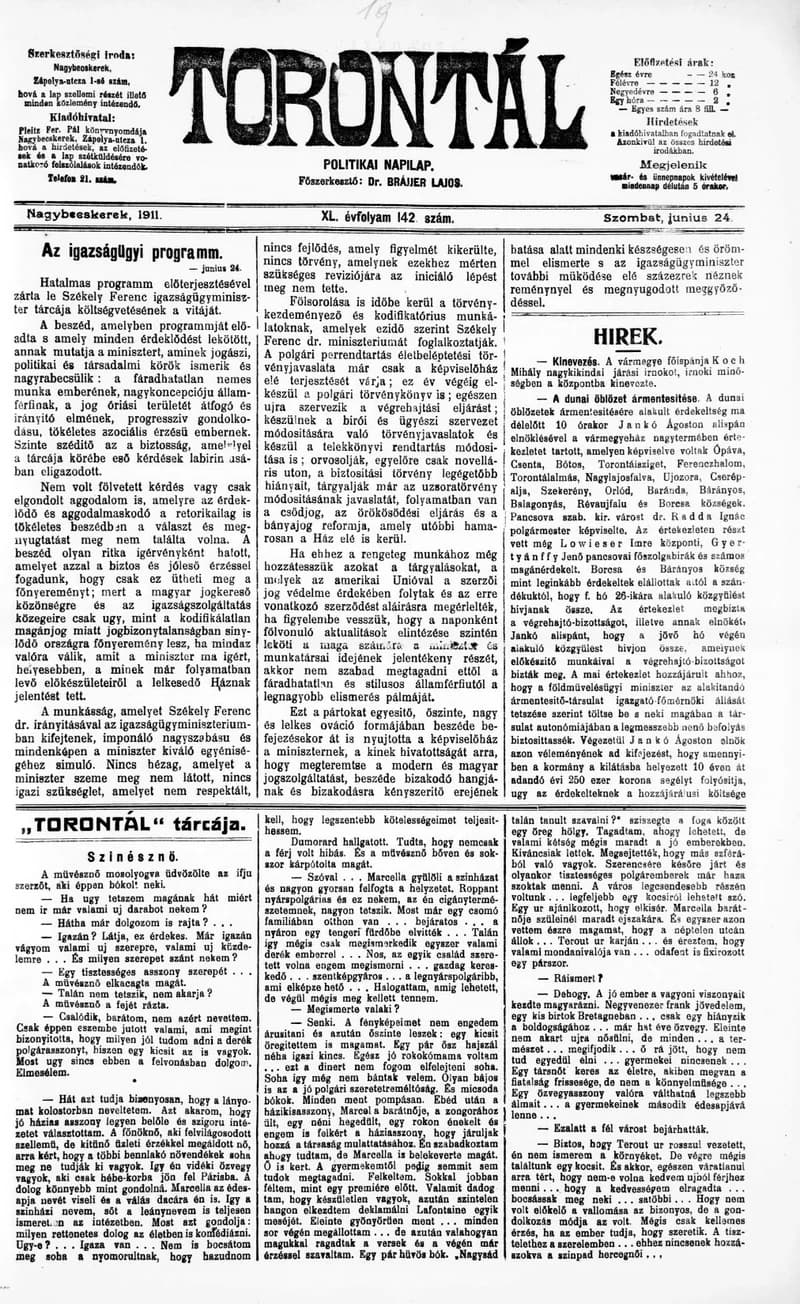 Torontál, 40. évf. 1911. június 24. 142. sz.