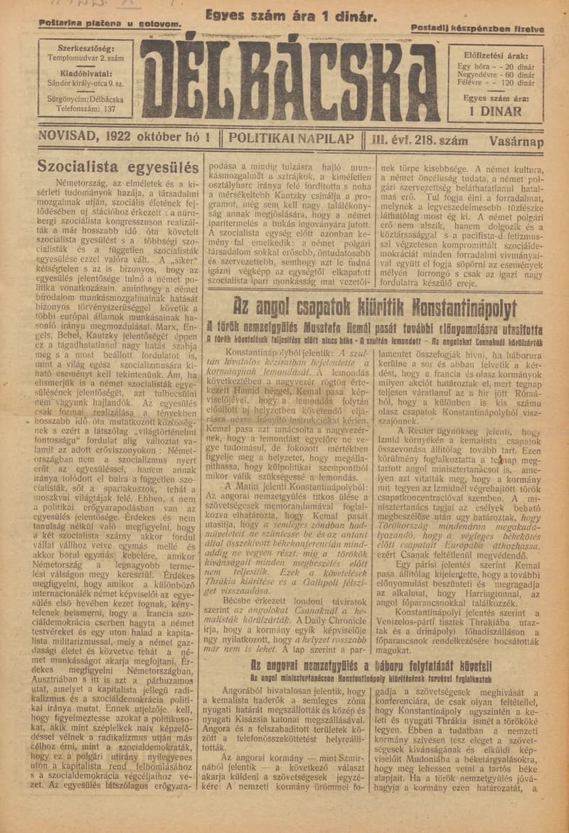 Délbácska, 3. évf. 1922. október 1. 218. sz.