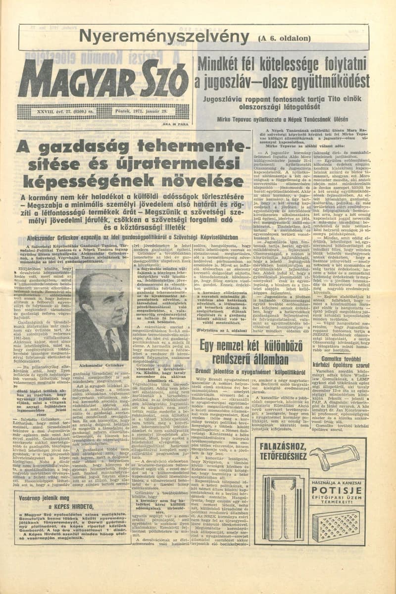 Magyar Szó, 28. évf. 1971. január 29. 27. sz. 1–12. oldal