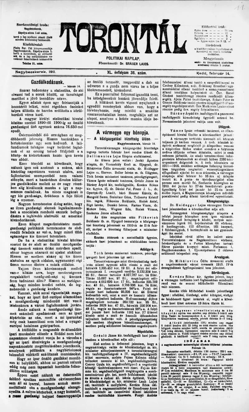 Torontál, 40. évf. 1911. február 14. 36. sz.