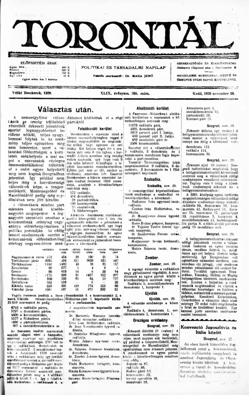 Torontál, 49. évf. 1920. november 30. 268. sz.