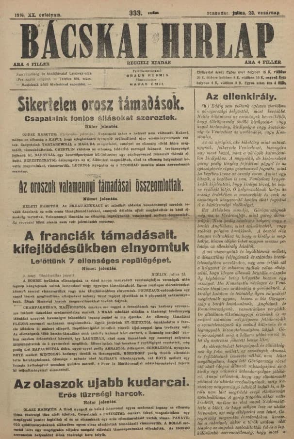 Bácskai Hirlap, 20. évf. 1916. július 23. 333. sz.
