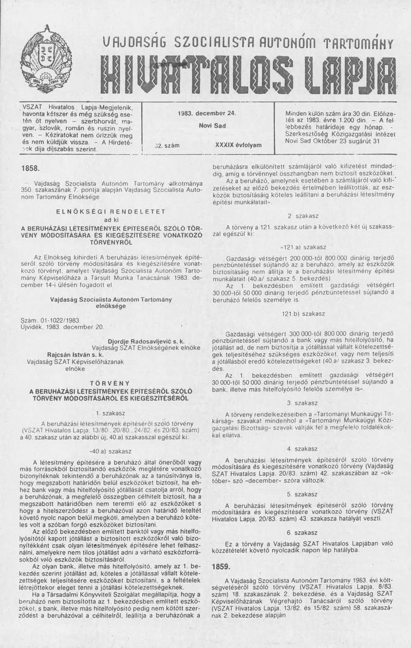 Vajdaság Szocialista Autonóm Tartomány Hivatalos Lapja, 39. évf. 1983. december 24. 32. sz.