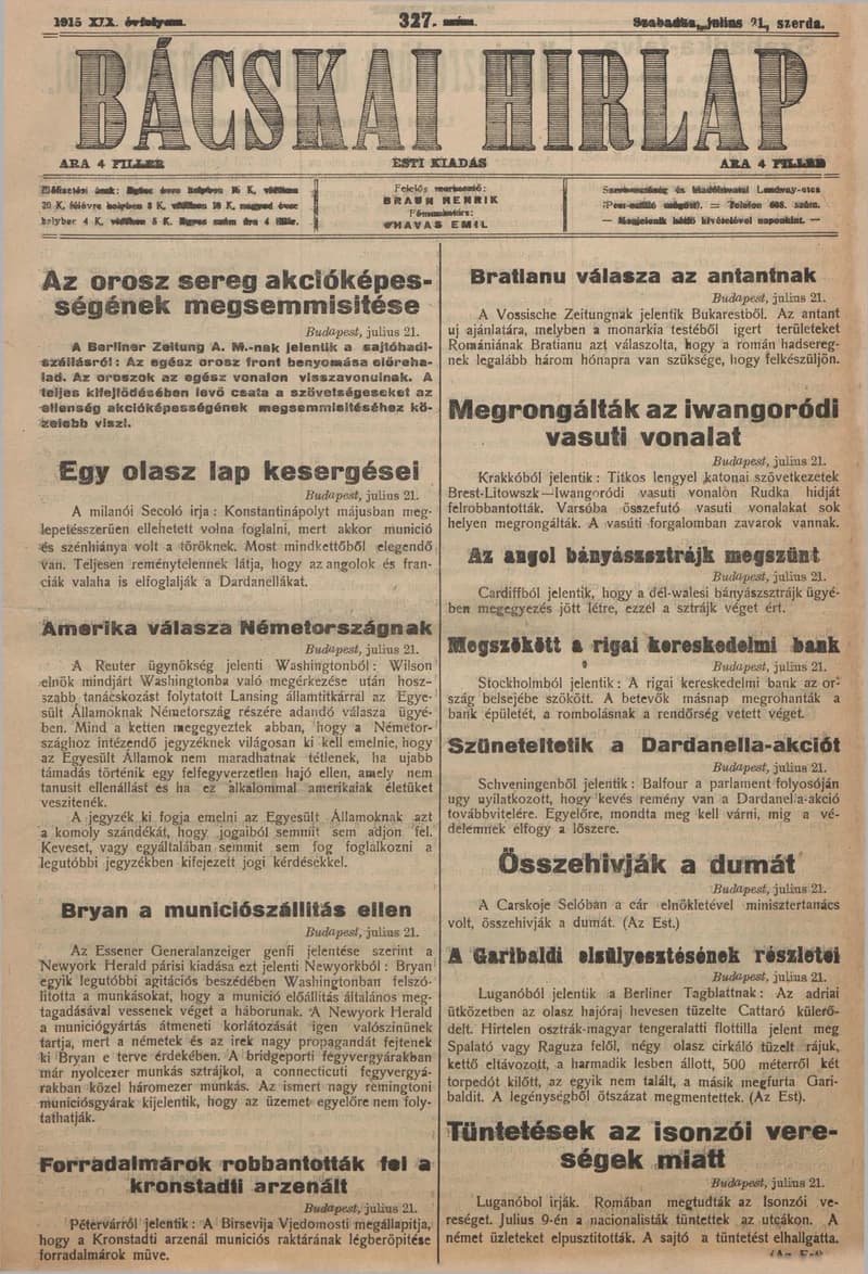 Bácskai Hirlap, 19. évf. 1915. július 21. 327. sz.