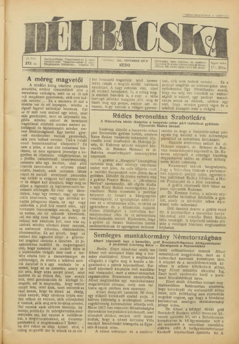 Délbácska, 4. évf. 1923. november 27. 273. sz.