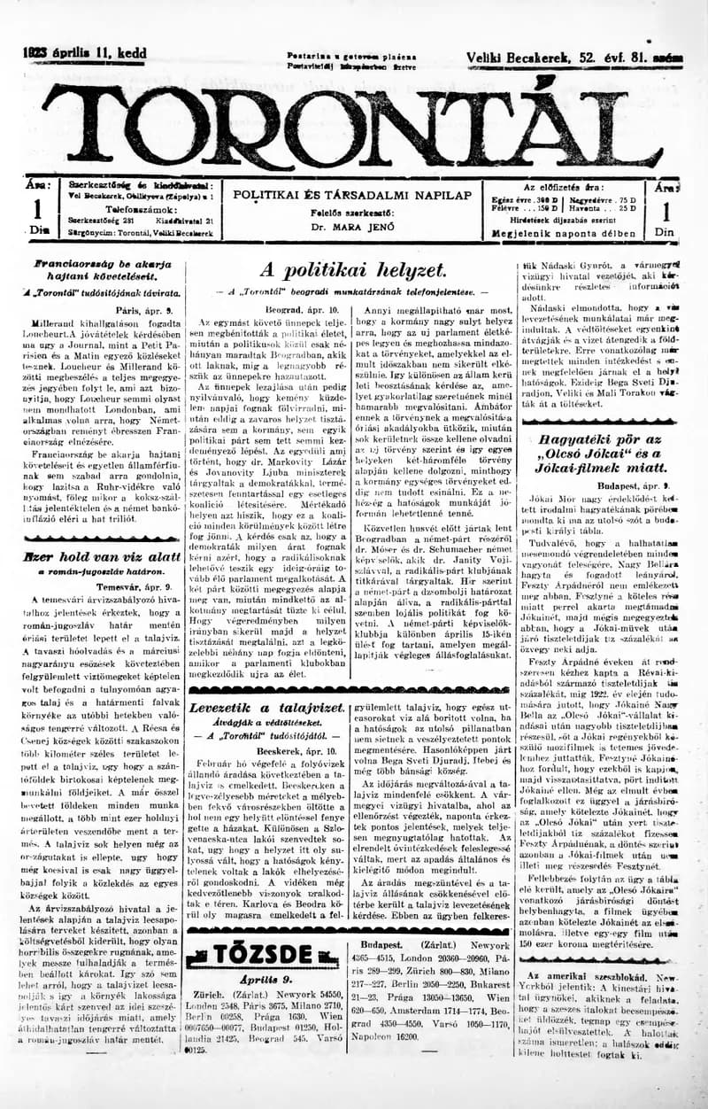 Torontál, 52. évf. 1923. április 11. 81. sz.