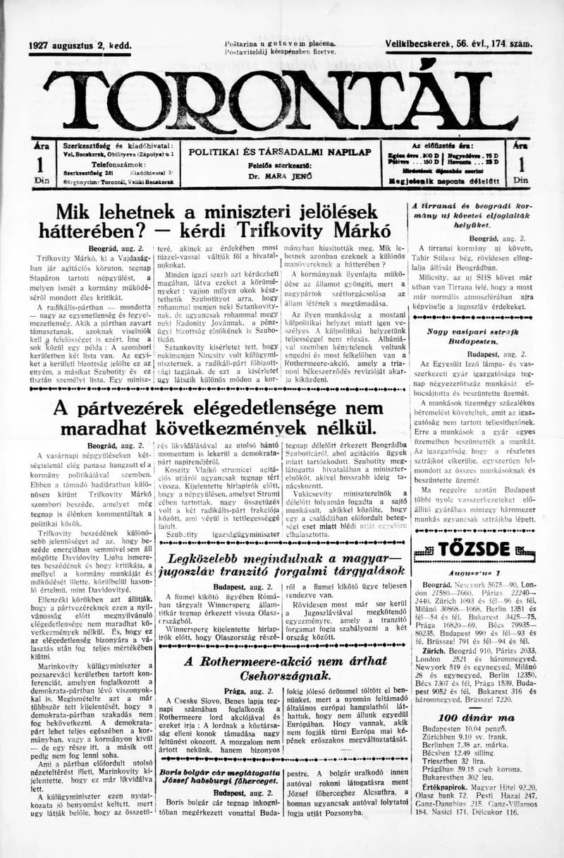 Torontál, 56. évf. 1927. augusztus 2. 174. sz.