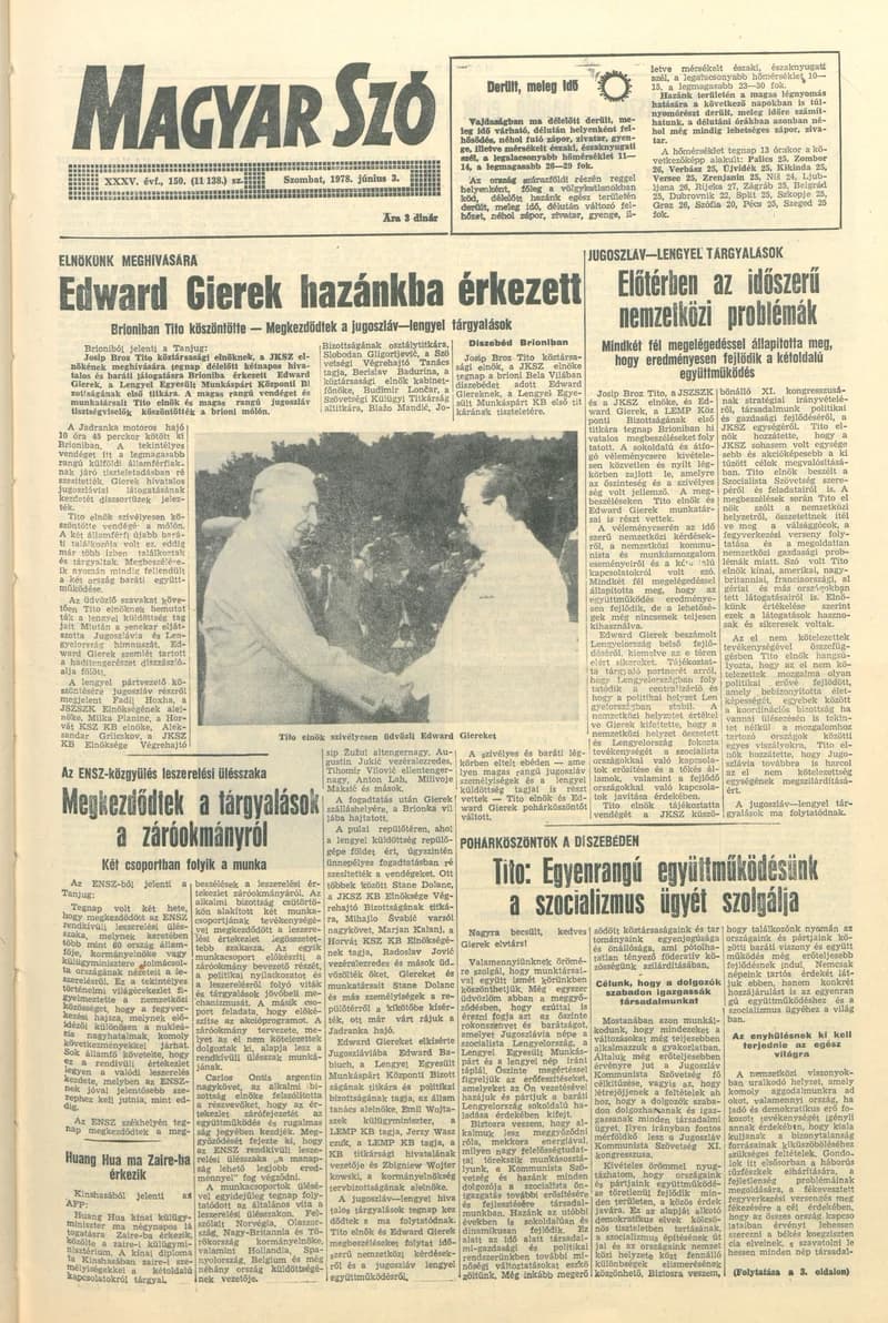 Magyar Szó, 35. évf. 1978. június 3. 150. sz. 1–20. oldal