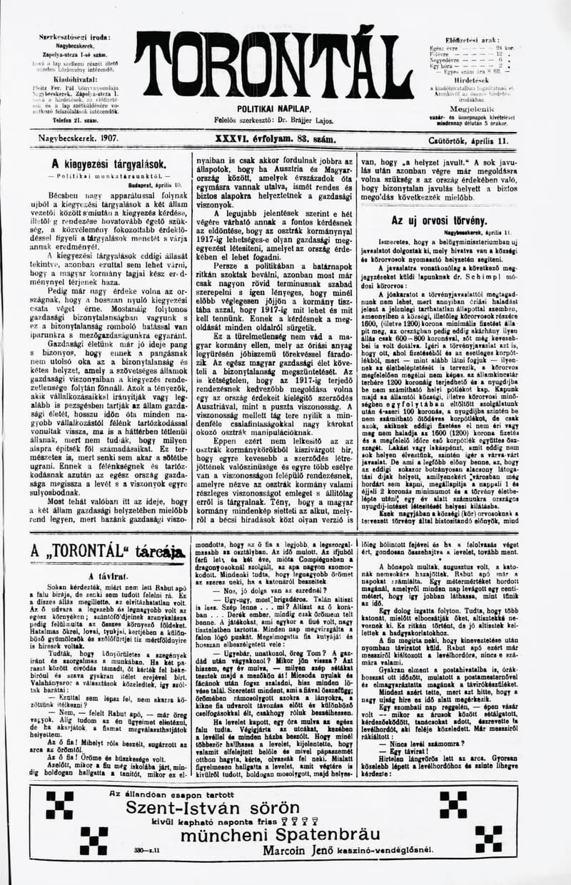 Torontál, 36. évf. 1907. április 11. 83. sz.