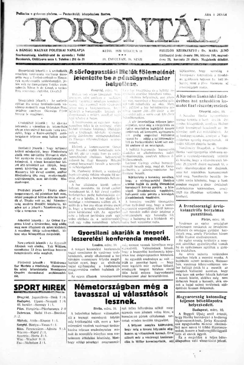 Torontál, 59. évf. 1930. március 11. 58. sz.