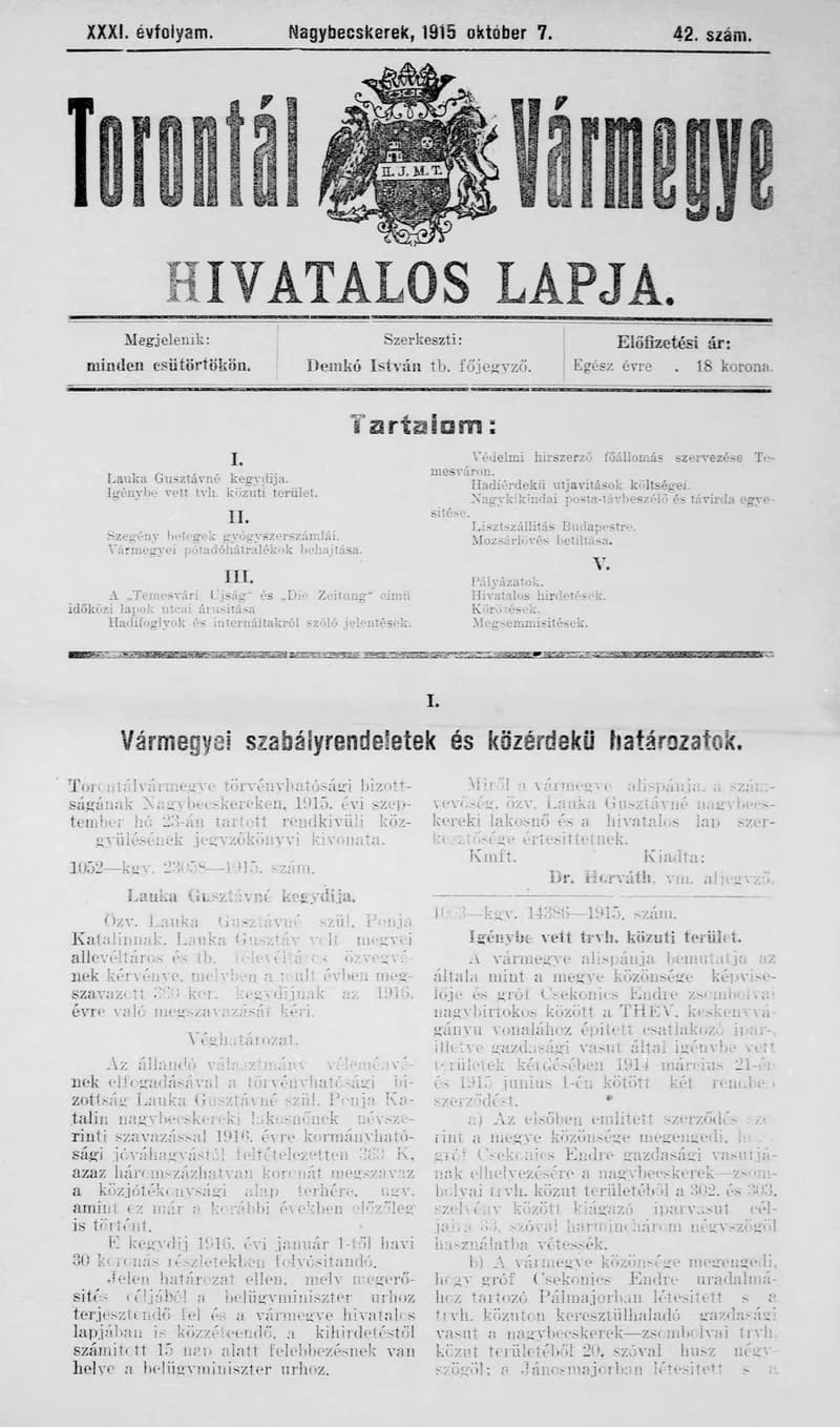 Torontál Vármegye Hivatalos Lapja, 31. évf. 1915. október 7. 42. sz.