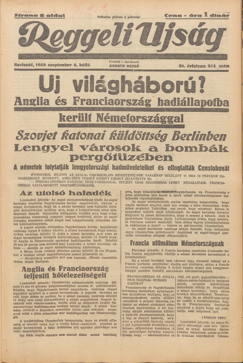 Reggeli Újság, 20. évf. 1939. szeptember 4. 244. sz.