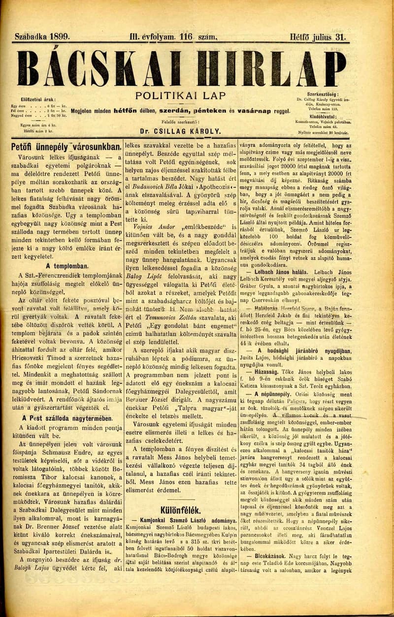 Bácskai Hirlap, 3. évf. 1899. július 31. 116. sz.