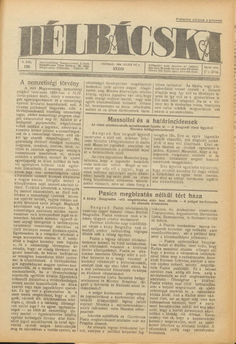 Délbácska, 5. évf. 1924. július 8. 156. sz.