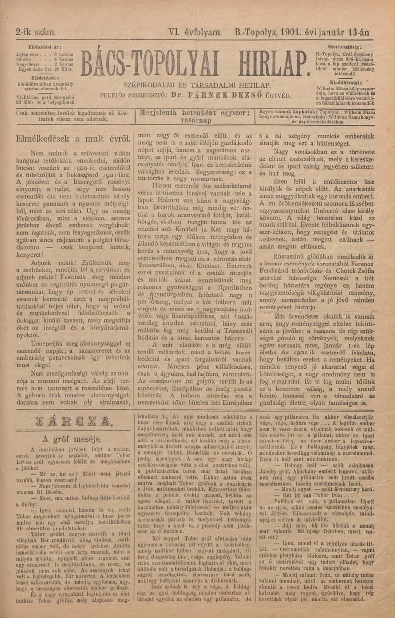 Bács-Topolyai Hirlap, 6. évf. 1901. január 13. 2. sz.