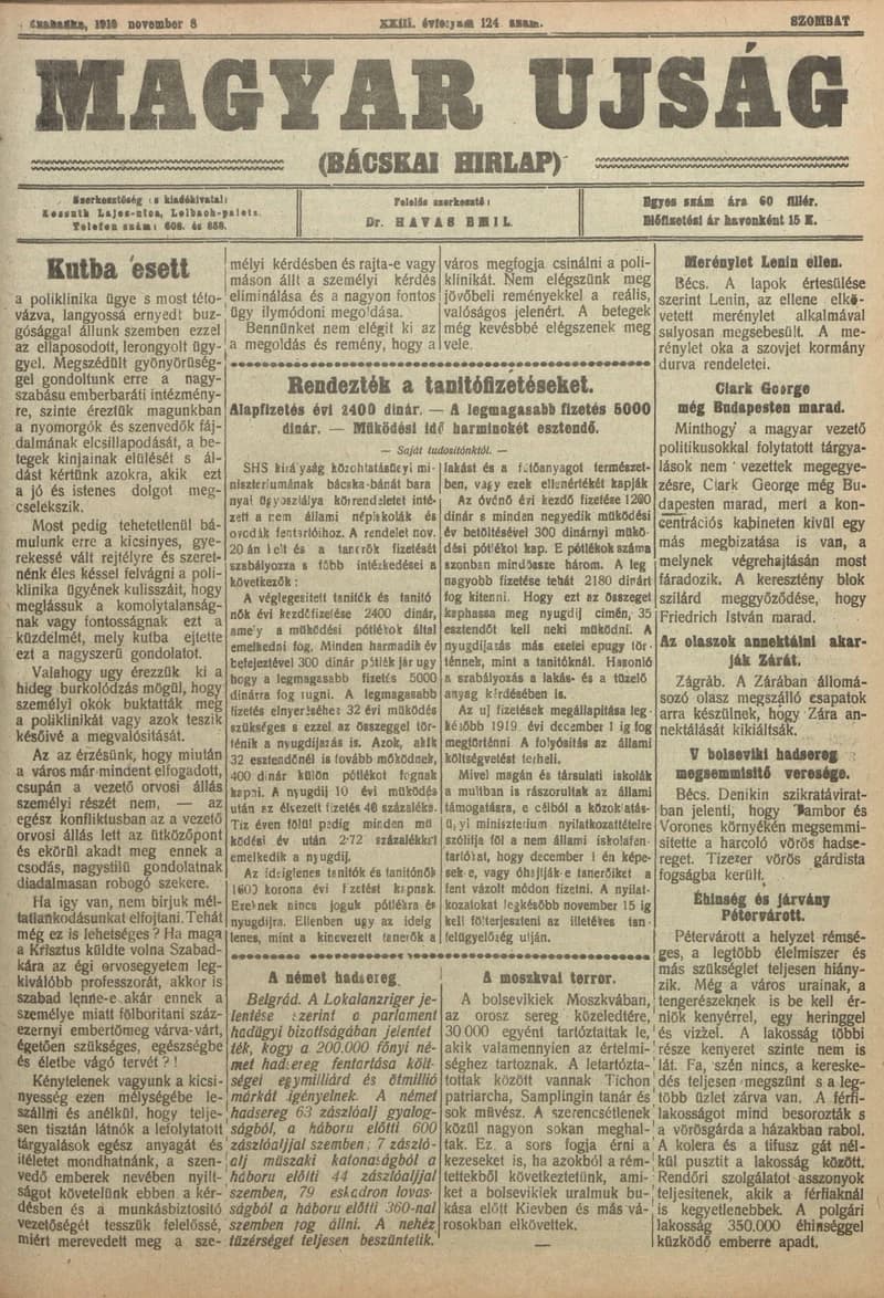 Bácskai Hirlap, 23. évf. 1919. november 8. 124. sz.