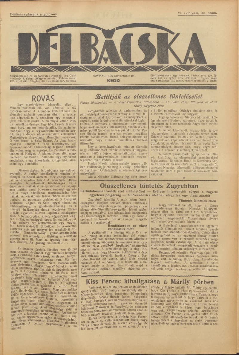 Délbácska, 6. évf. 1925. november 10. 261. sz.
