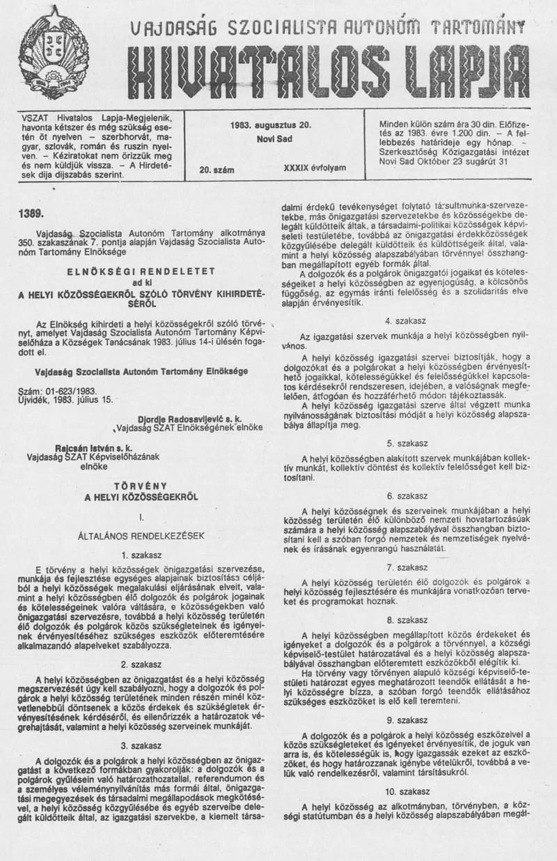 Vajdaság Szocialista Autonóm Tartomány Hivatalos Lapja, 39. évf. 1983. augusztus 20. 20. sz.