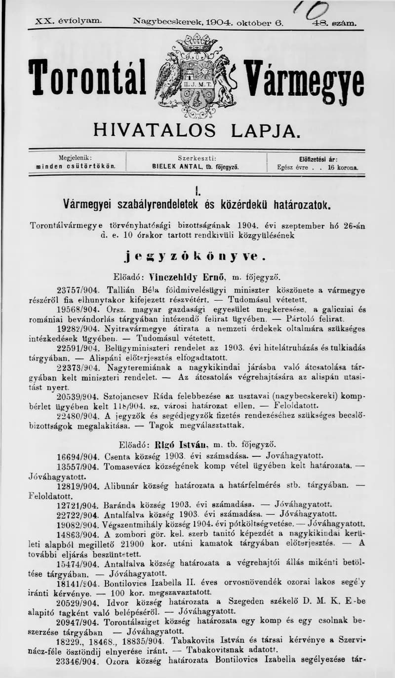 Torontál Vármegye Hivatalos Lapja, 20. évf. 1904. október 6. 48. sz.