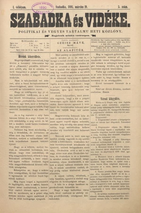 Szabadka és vidéke II, 1. évf. 1893. március 19. 5. sz.