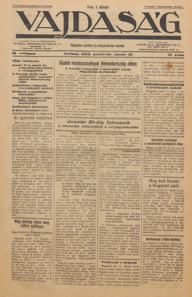 Vajdaság, 3. évf. 1923. január 18. 13. sz.