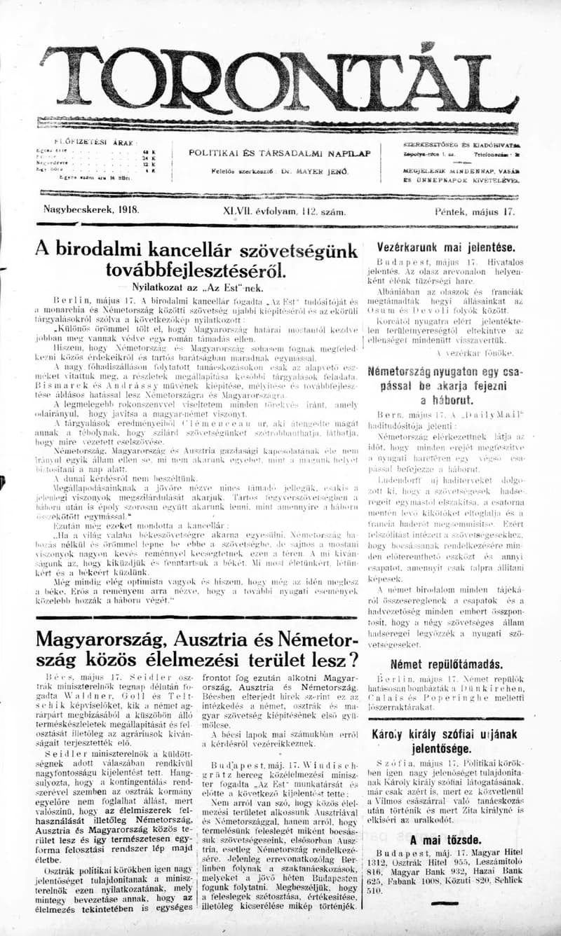 Torontál, 47. évf. 1918. május 17. 112. sz.