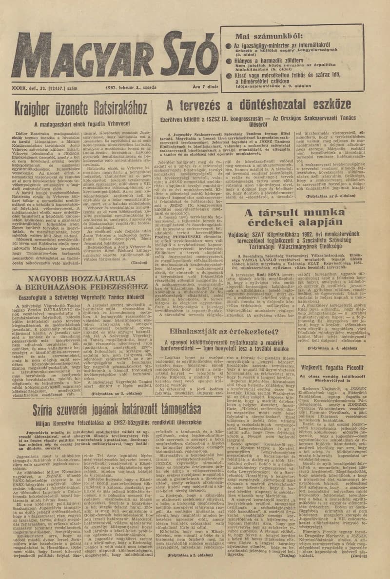 Magyar Szó, 39. évf. 1982. február 3. 32. sz. 1–20. oldal