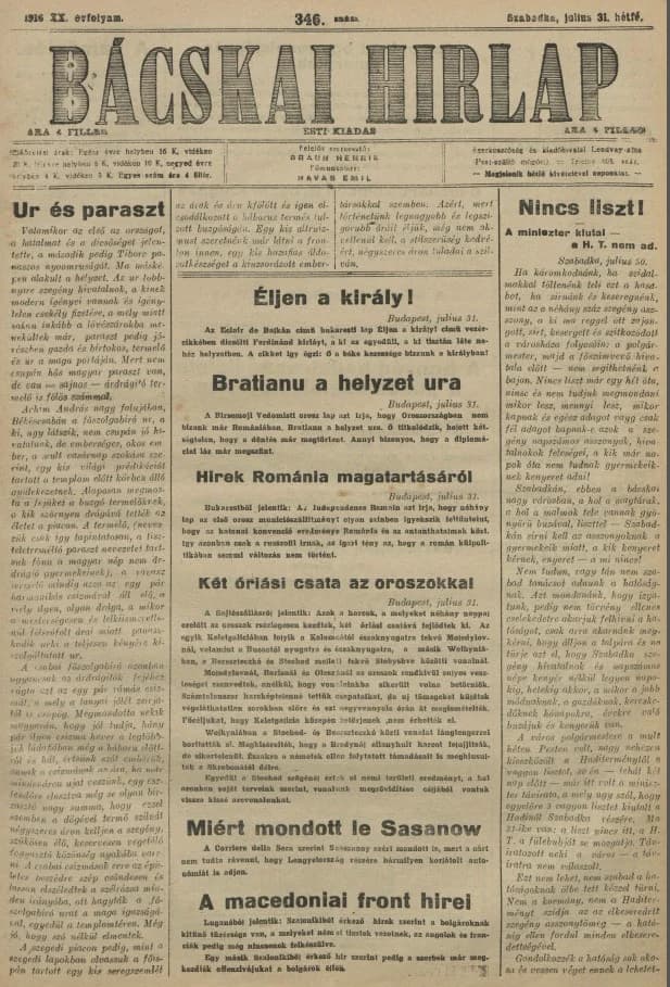 Bácskai Hirlap, 20. évf. 1916. július 31. 346. sz.