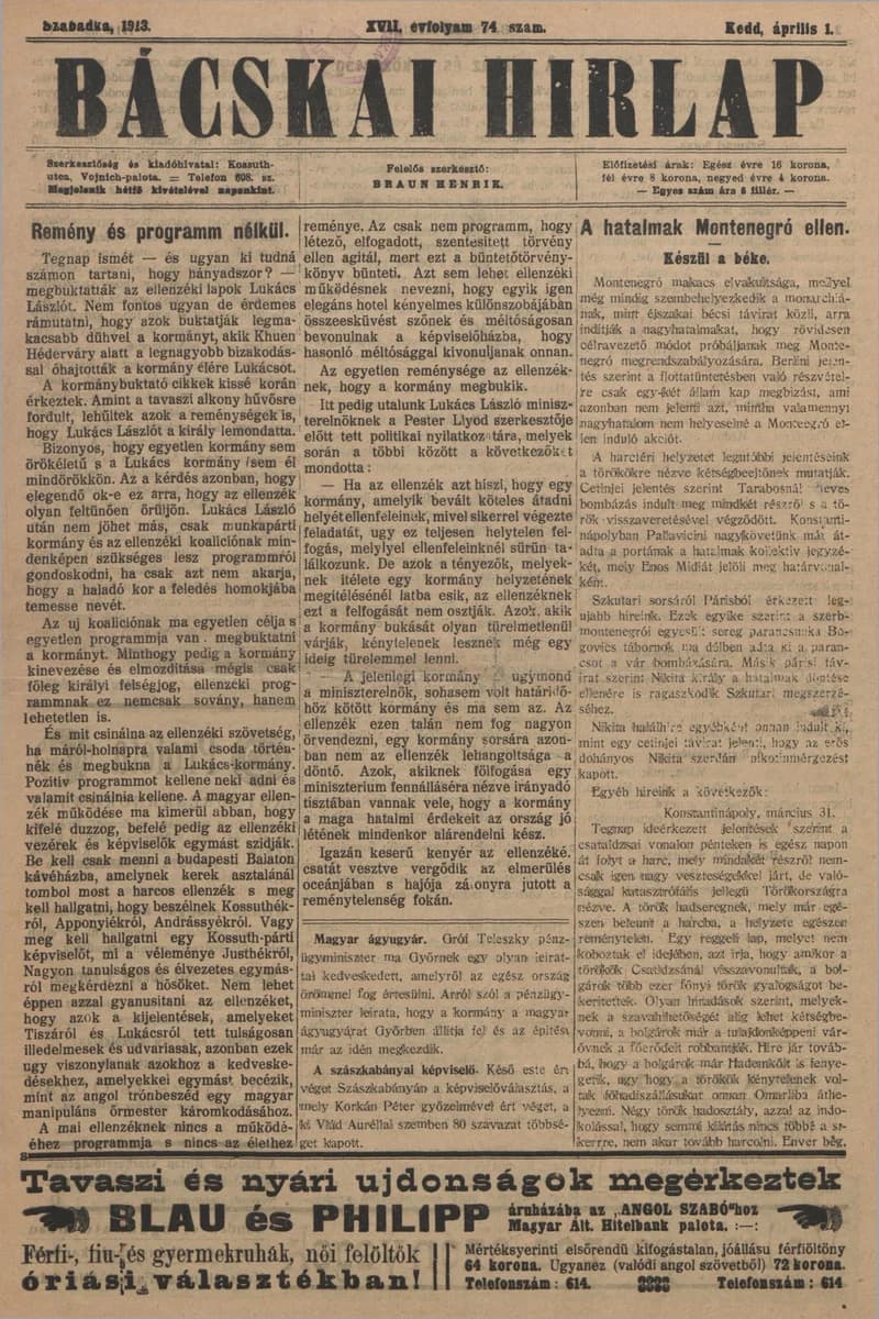 Bácskai Hirlap, 17. évf. 1913. április 1. 74. sz.