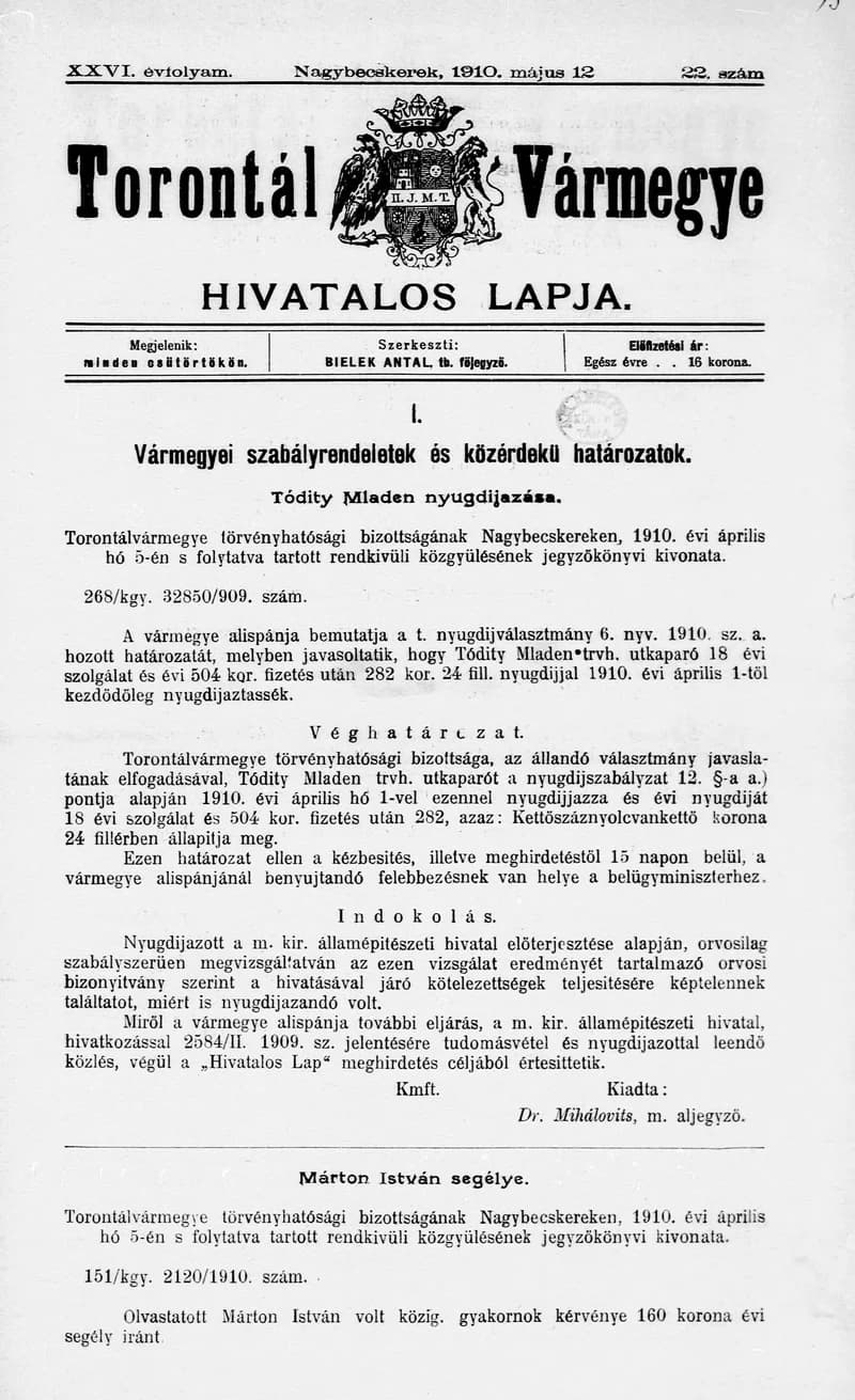 Torontál Vármegye Hivatalos Lapja, 26. évf. 1910. május 12. 22. sz.