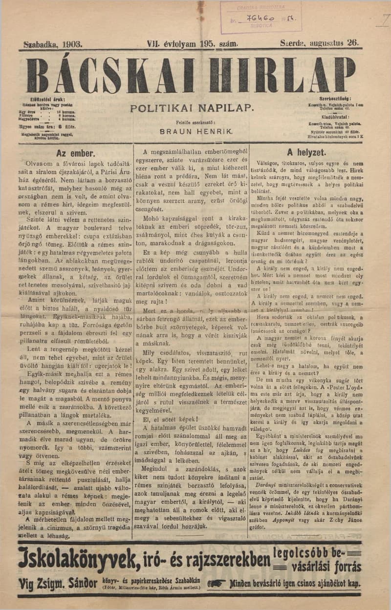 Bácskai Hirlap, 7. évf. 1903. augusztus 26. 195. sz.
