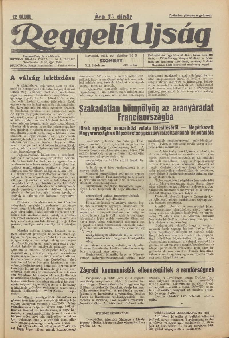 Reggeli Újság, 12. évf. 1931. október 3. 232. sz.