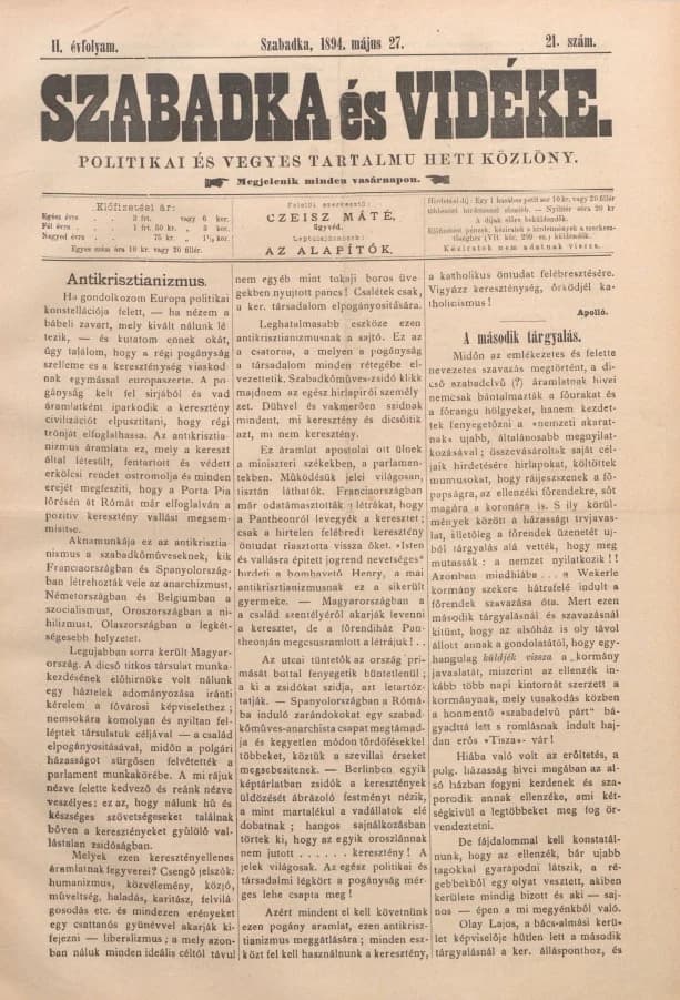 Szabadka és vidéke II, 2. évf. 1894. május 27. 21. sz.