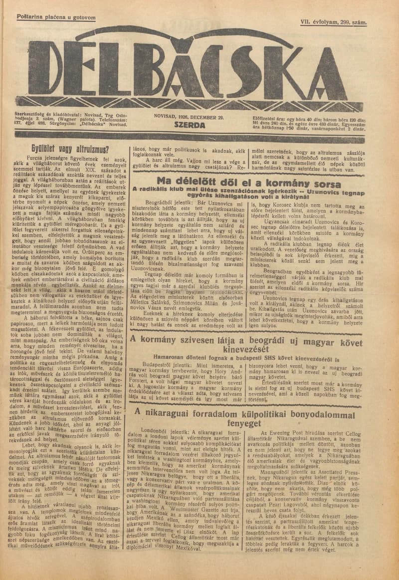 Délbácska, 7. évf. 1926. december 29. 299. sz.