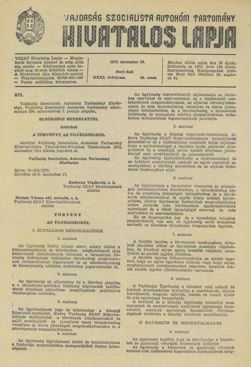 Vajdaság Szocialista Autonóm Tartomány Hivatalos Lapja, 31. évf. 1975. december 30. 28. sz. 1129–1144. oldal