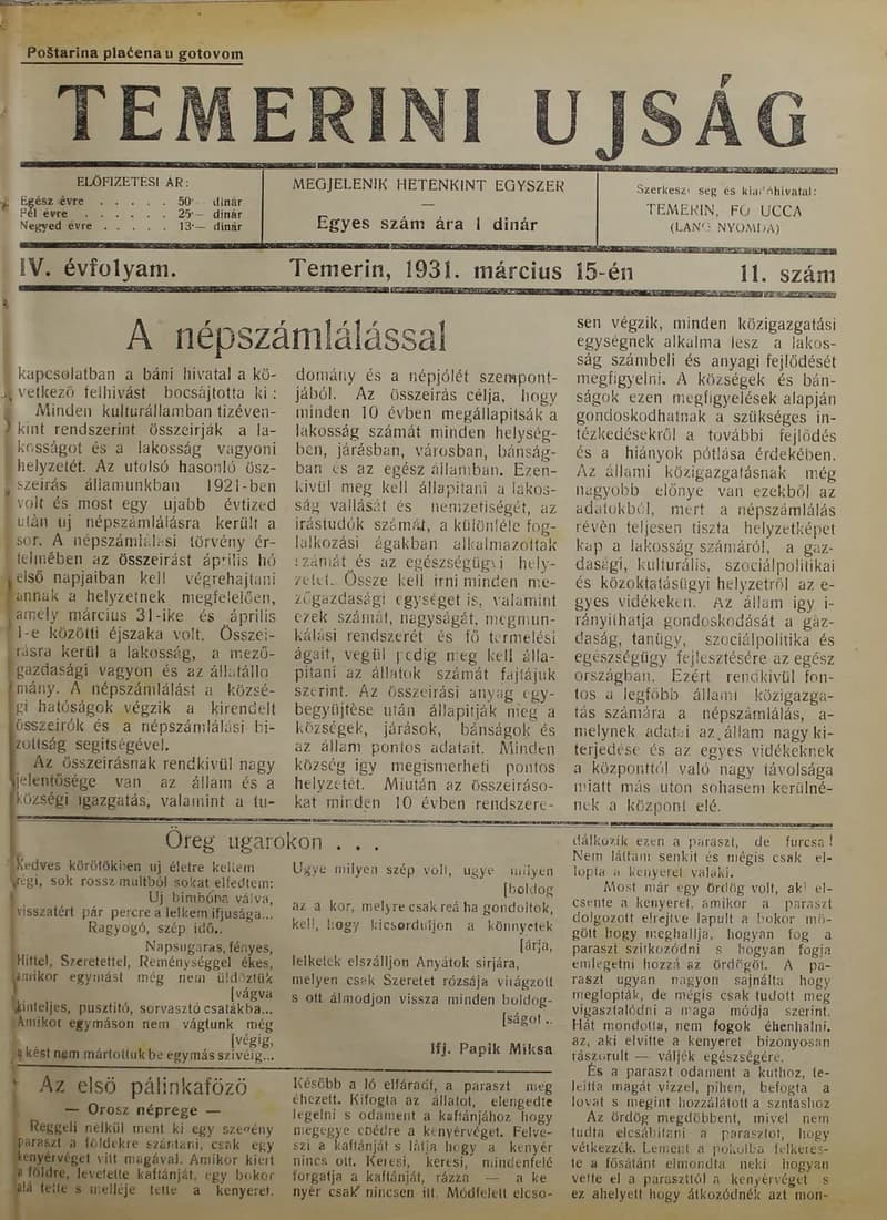 Temerini Újság 1928-1944, 4. évf. 1931. március 15. 11. sz.