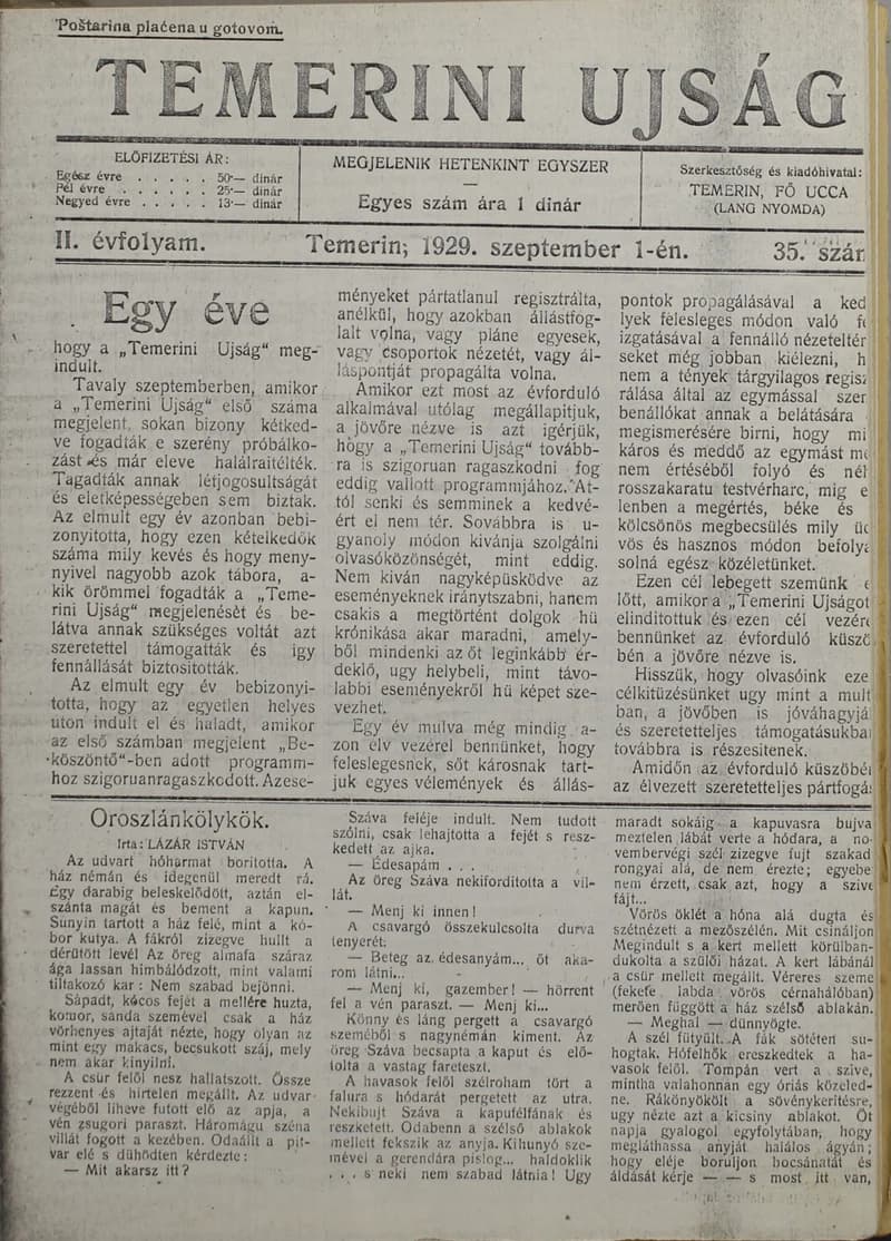 Temerini Újság 1928-1944, 2. évf. 1929. szeptember 1. 35. sz.