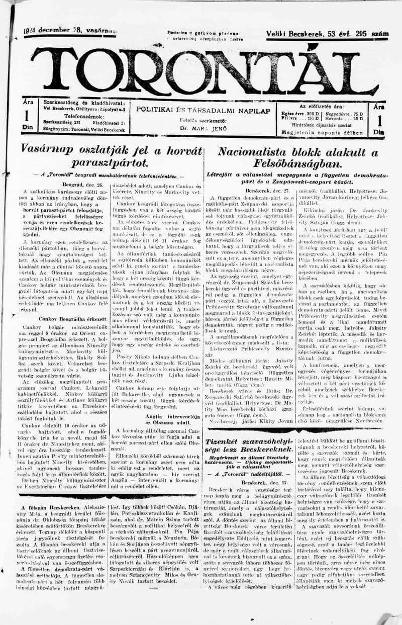 Torontál, 53. évf. 1924. december 28. 295. sz.