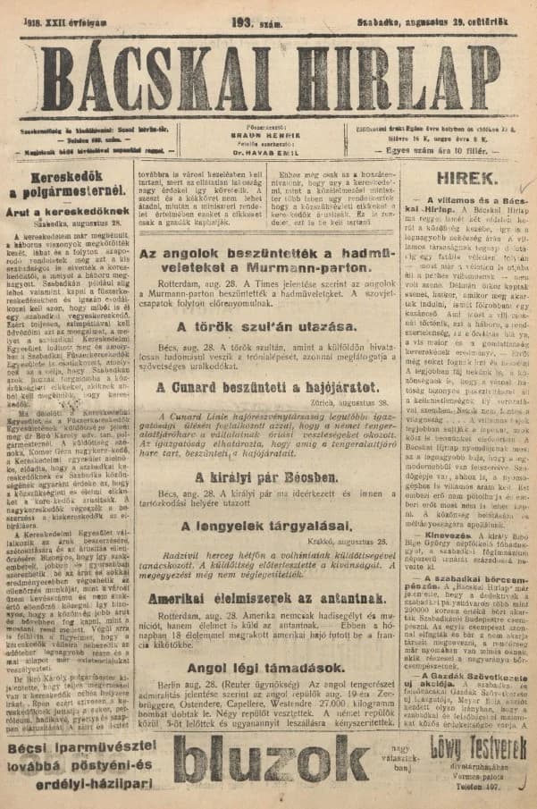 Bácskai Hirlap, 22. évf. 1918. augusztus 29. 193. sz.
