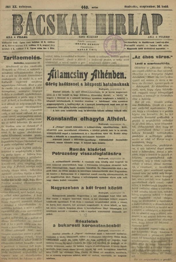 Bácskai Hirlap, 20. évf. 1916. szeptember 26. 440. sz.