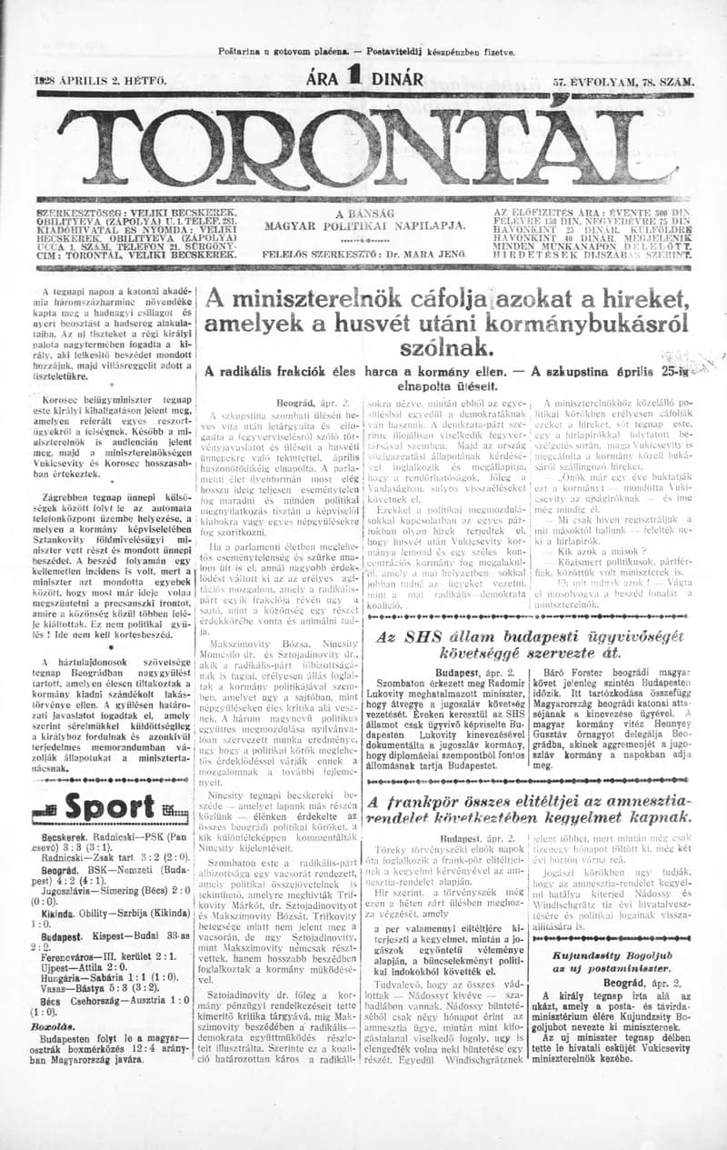Torontál, 57. évf. 1928. április 2. 78. sz.