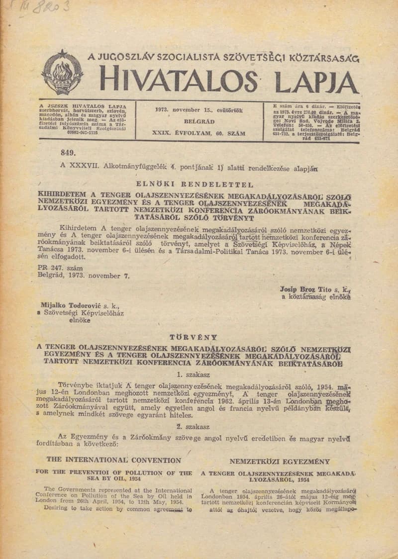 A Jugoszláv Szocialista Szövetségi Köztársaság Hivatalos Lapja, 29. évf. 1973. november 15. 60. sz. 1738–1772. oldal