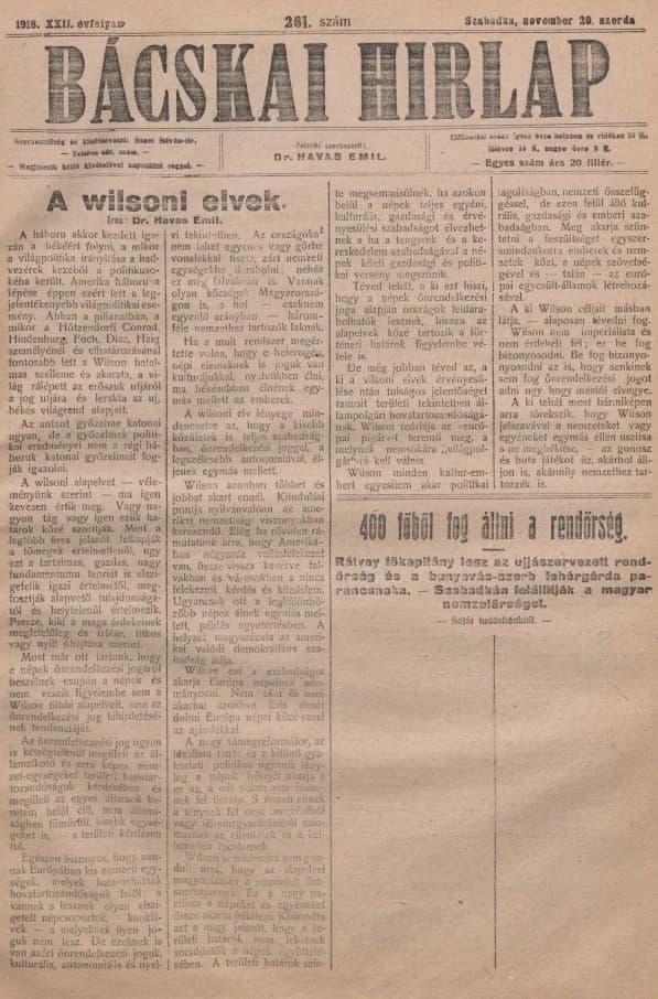 Bácskai Hirlap, 22. évf. 1918. november 20. 261. sz.