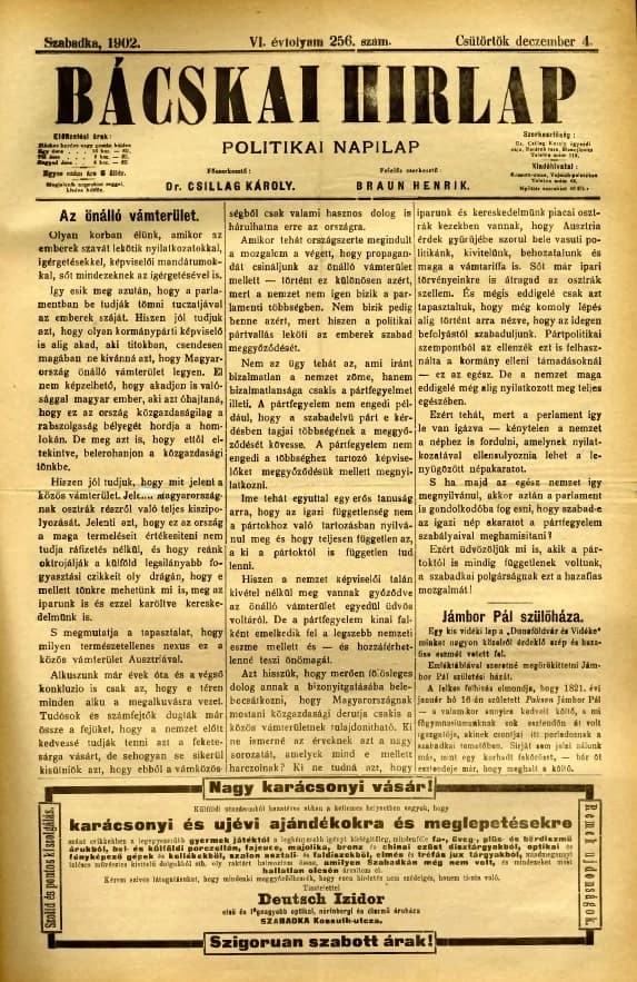 Bácskai Hirlap, 6. évf. 1902. december 4. 256. sz.