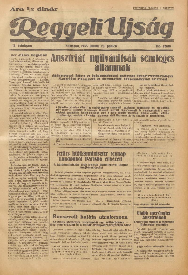 Reggeli Újság, 14. évf. 1933. június 23. 145. sz.