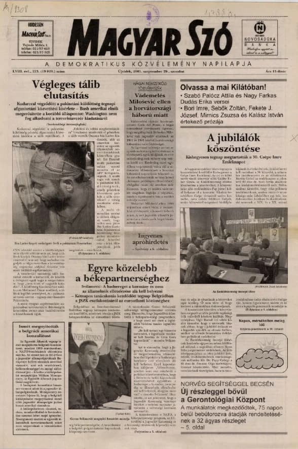 Magyar Szó, 58. évf. 2001. szeptember 29. 223. sz. 1–16. oldal