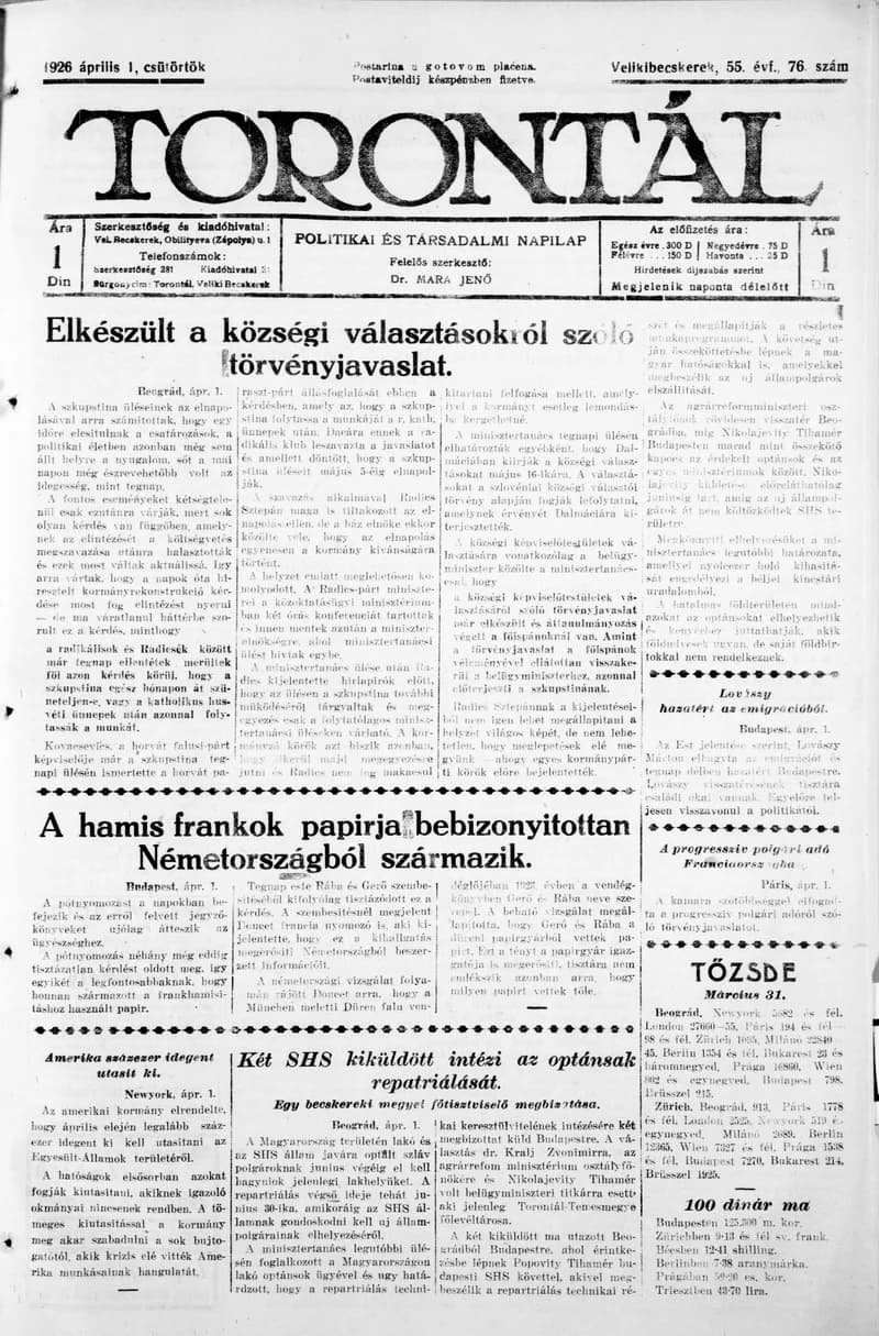 Torontál, 55. évf. 1926. április 1. 76. sz.